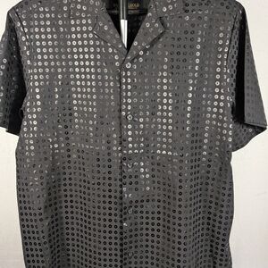 Black Short-Sleeve Button-Down with Metallic Dot Print